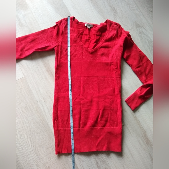 Guess Red Deep V-Neck Sweater, Wide Red Glittery Metallic Stripes, Medium - Picture 6 of 9